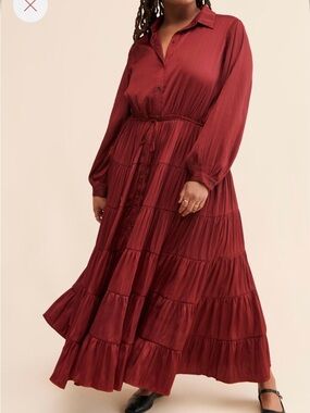 Anthropologie Long Sleeve Tiered Maxi Dress - Crimson Red